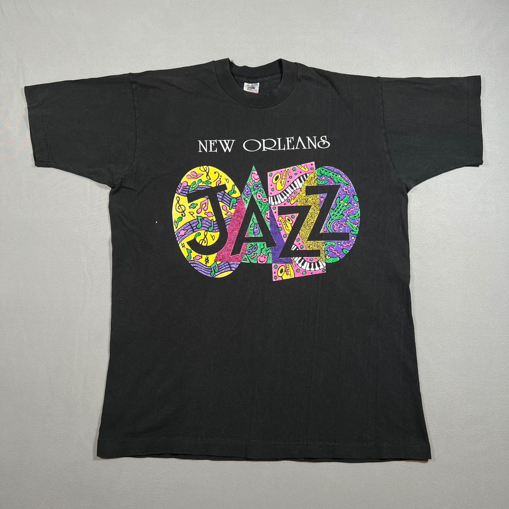 Vintage 90s New Orleans Jazz T Shirt Mens L Black Single Stitch Made in USA
